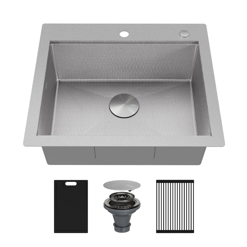 Matrix 25" Top Mount Workstation 16 Gauge Single Bowl Stainless Steel Kitchen Sink with Accessories - Stainless Steel