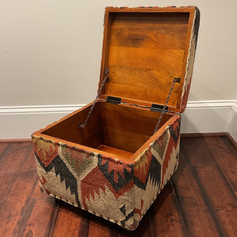 HERAT ORIENTAL Handmade Kilim Upholstered Wooden Storage Stool - 16" x 16" x 16"