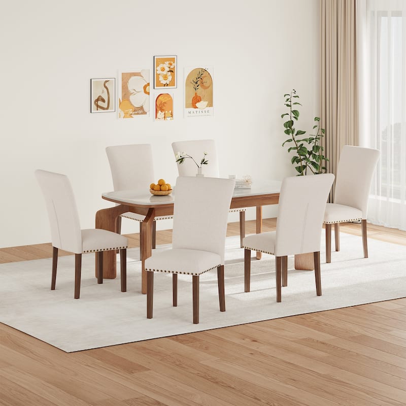 RENEWLINE Dining Chairs, Fabric with Nailhead Trim and Wood Legs - Set of 6 - F-Beige