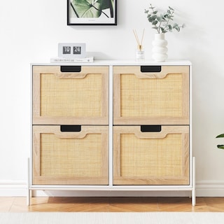 Natural Rattan 4 Flip Door Shoe Cabinet Organizer Freestanding, Modern Shoe Rack Storage Organizer - 39.4x9.4x34.6in