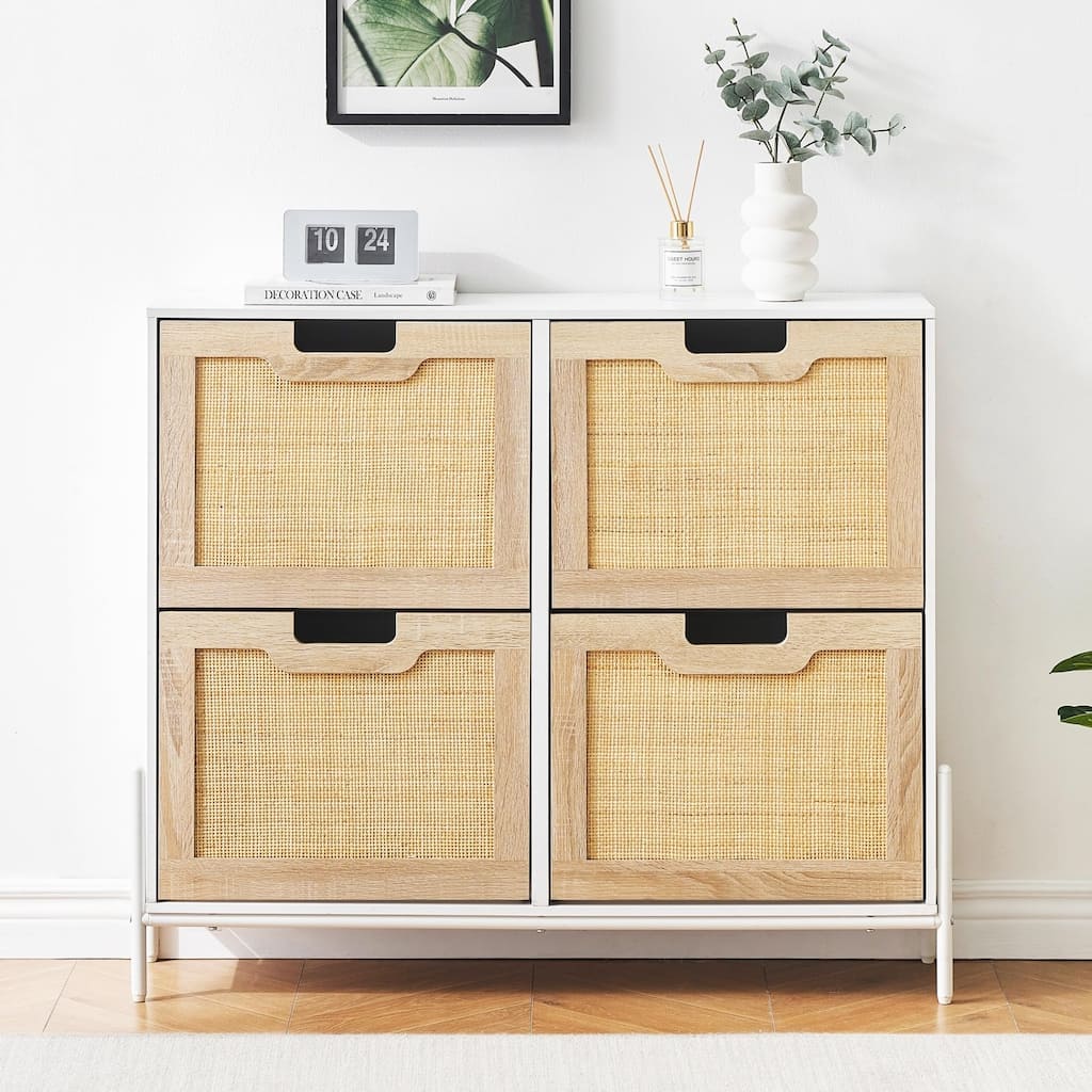 Natural Rattan 4 Flip Door Shoe Cabinet Organizer Freestanding, Modern Shoe Rack Storage Organizer - 39.4x9.4x34.6in