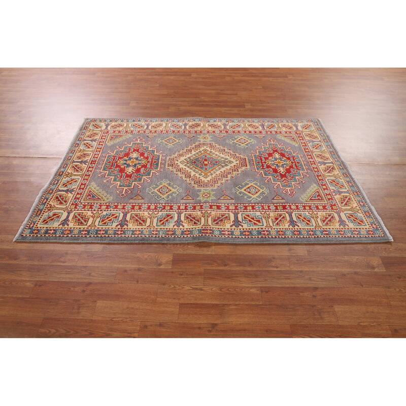 Grey Geometric Kazak Area Rug Handmade Oriental Wool Carpet - 4'1" x 6'2"