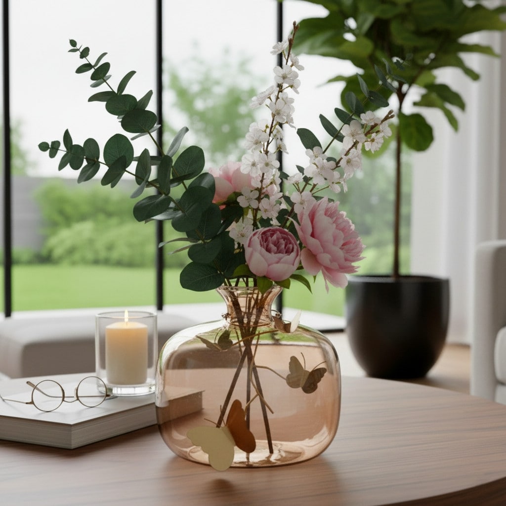 Decorative Vase - Gold Glass with Butterfly Garland, 10 in.