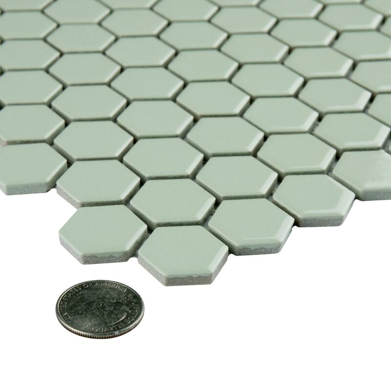 Merola Tile Metro 1" Hex Glossy Mint 10-1/4" x 11-7/8" Porcelain Mosaic Floor and Wall Tile