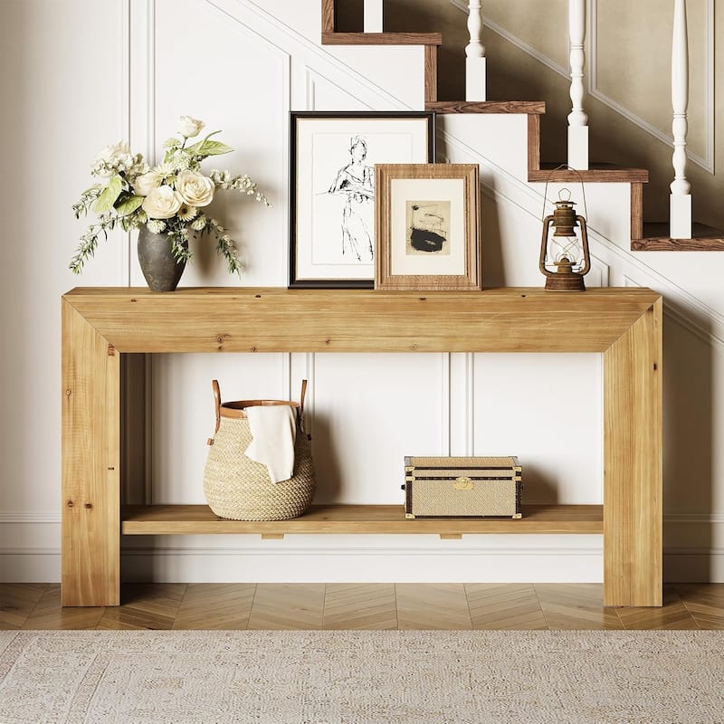 63-Inch Long Solid Wood Console/Entryway Table, Farmhouse Accent Sofa Console for Entryway, Living Room, Hallway, Natural