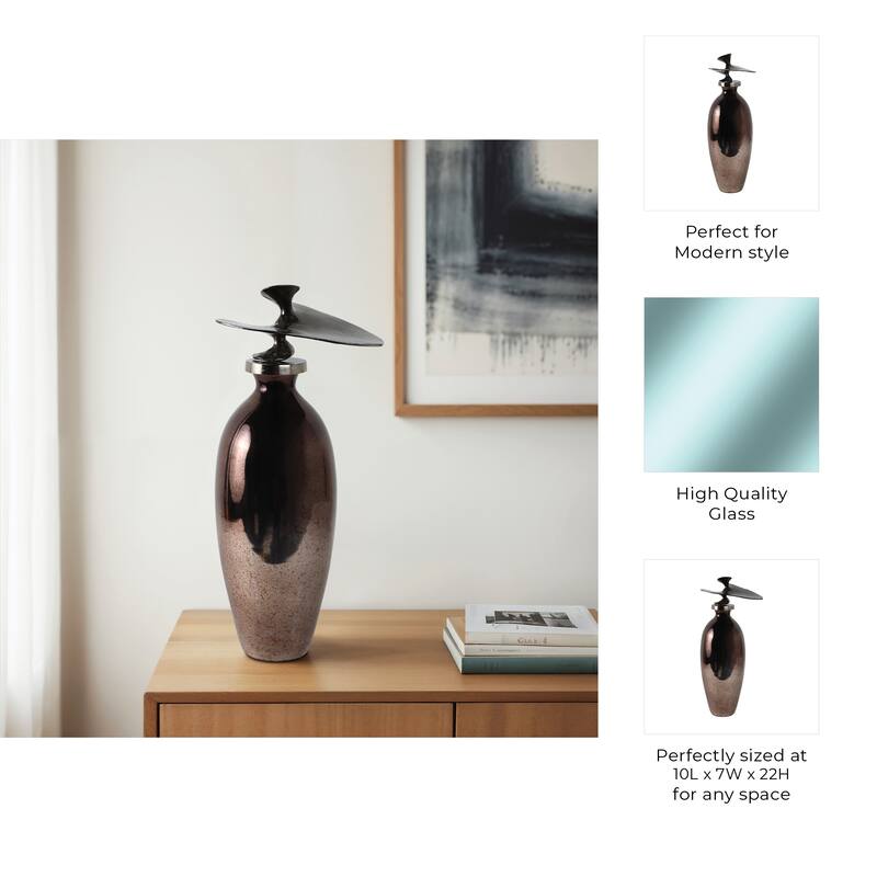 Glass Vase with Sculptural Aluminum Accent Metal Transitional Style