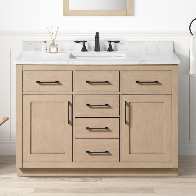 Athea Bathroom Vanity with White Engineered Marble Top - 48" - Sahara Birch