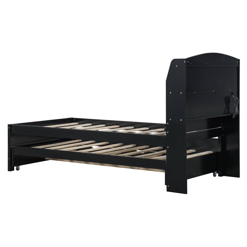 Wooden Platform Bed with Pull Out Trundle Bed and Drawers, All-in-One LED Headboard with Charging Station and Flip Up Storage