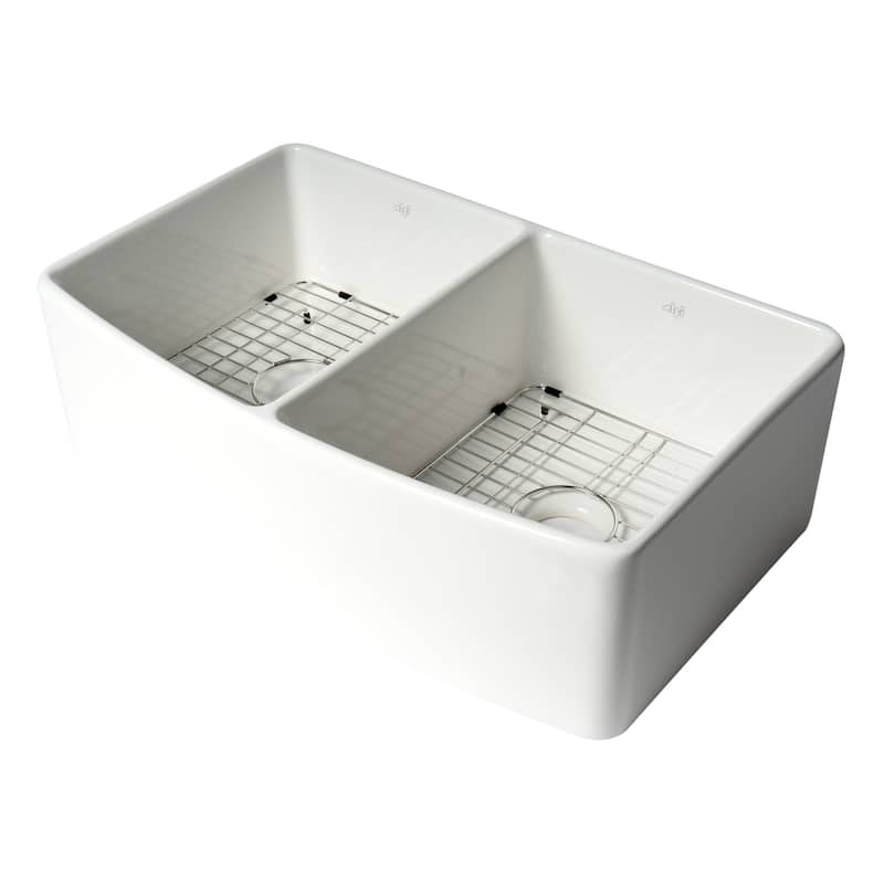 ALFI Brand White Smooth Curved Apron 33" x 20" Double Bowl Fireclay Farm Sink with Grid