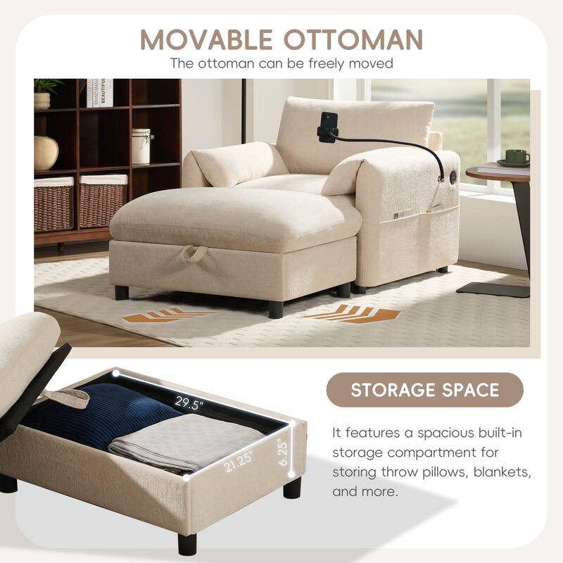 38" Chenille Storage Sofa with Ottoman - Features USB Charger, Phone Holder & Side Pockets for Living Room