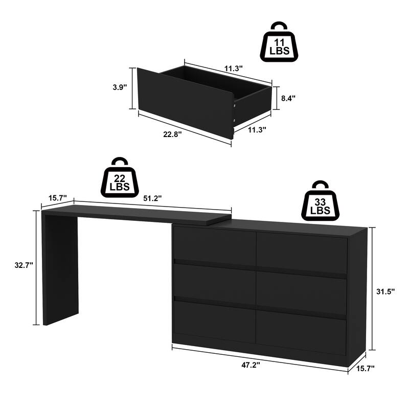 Timechee Home Rotating Dresser and Desk 6 Drawer Dresser Vanity Makeup