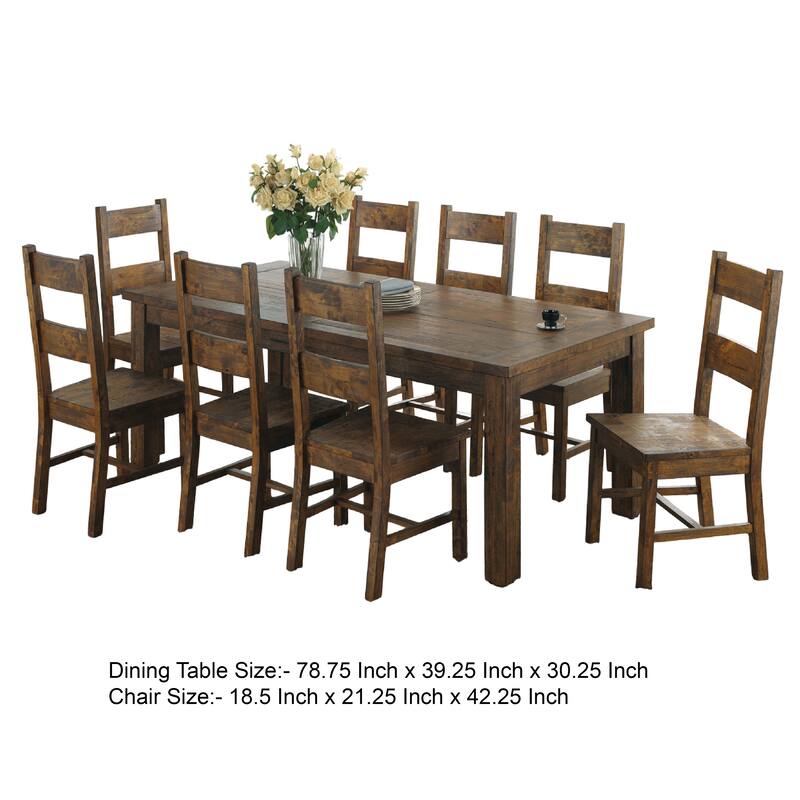 Caly 9pc Dining Table Set, 8 Ladderback Side Chairs, Rustic Golden Brown