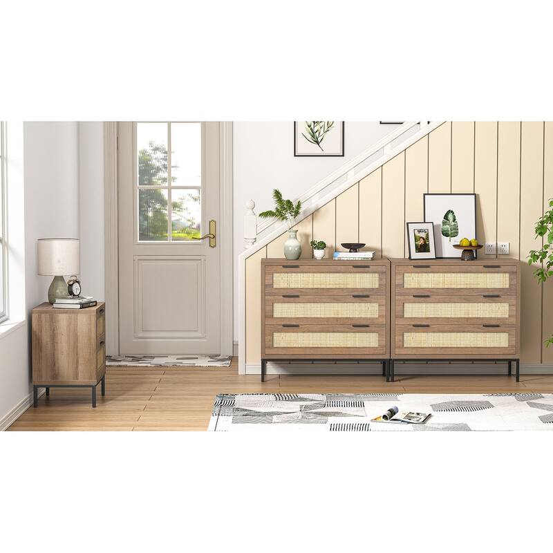 Anmytek Modern 3-Drawer Brown Dresser Rattan Chest of Drawers Storage Cabinet for Bedroom