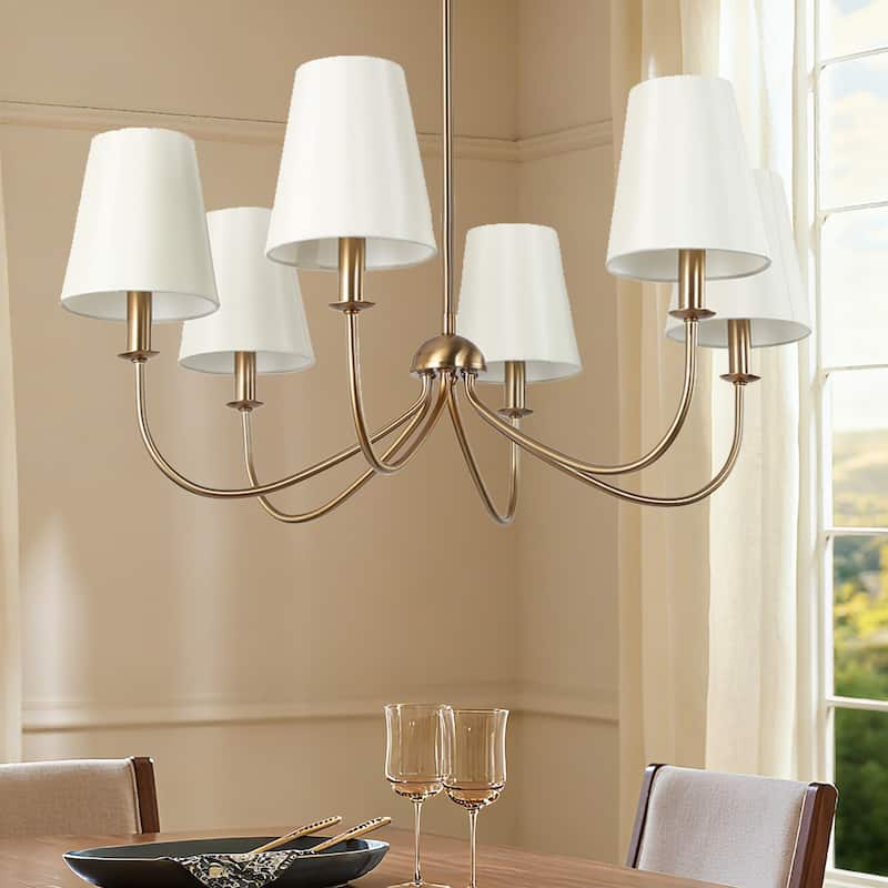 Mid-Century Modern Gold 6-Light Wheel Chandelier with Fabric Shade for Dining Room - 27" D x 24.5" H
