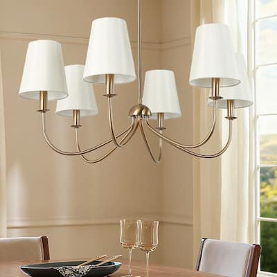 Mid-Century Modern Gold 6-Light Wheel Chandelier with Fabric Shade for Dining Room - 27" D x 24.5" H