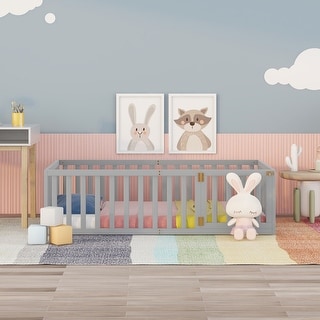 Minimal Design Twin Size Floor Bed with Safety Fence & Privacy Door