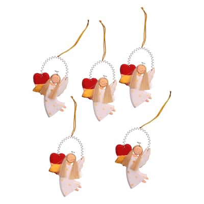 Novica Handmade Loving Angels Wood Ornaments (Set Of 5)