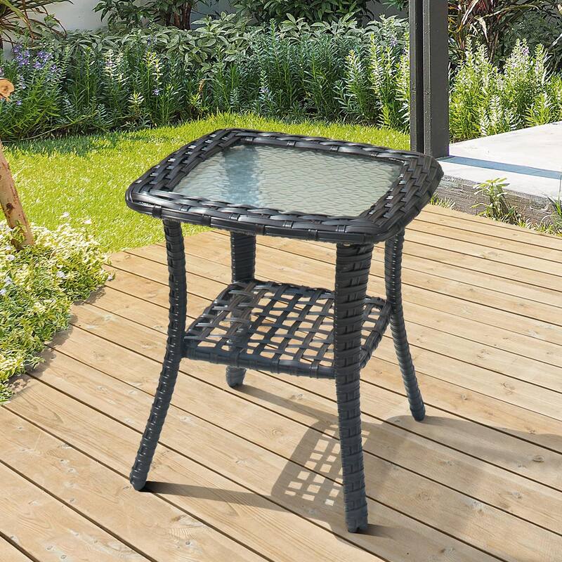 XIZZI Patio Wicker Side Table with Toughened Glass Top - Brown