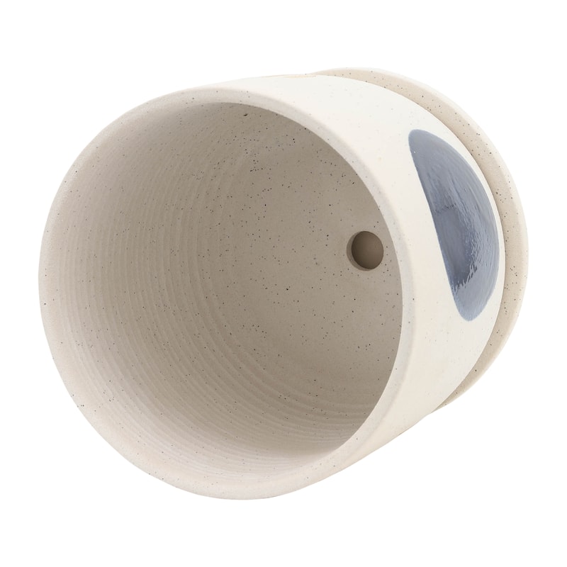 Set of 2 Ceramic Planters 5" & 6" White Planters on Saucers Contemporary Funky Circle Design For Indoor or Outdoor