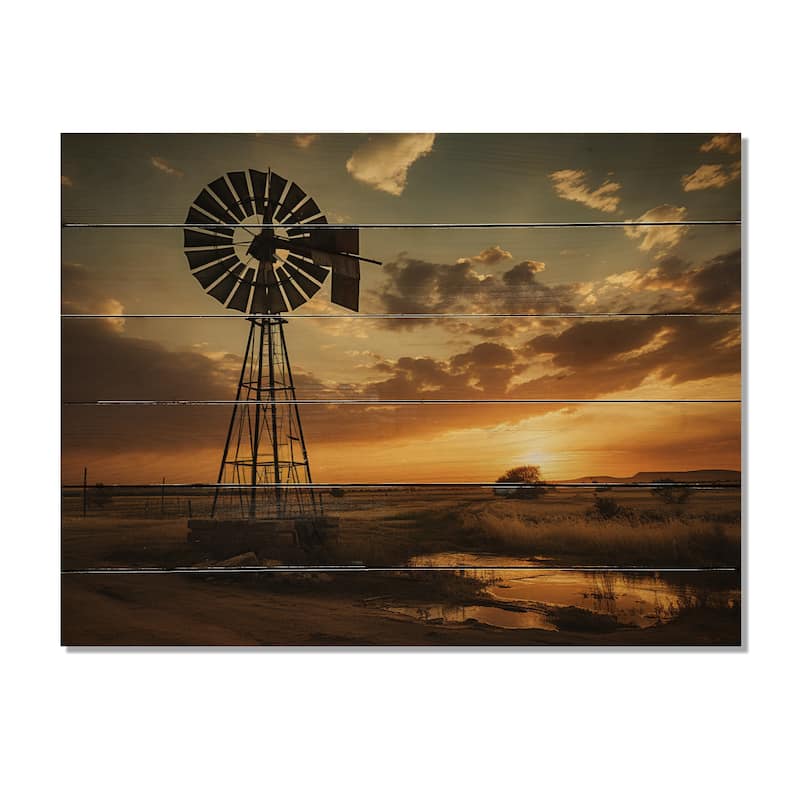 Designart "Texas Rustic Windmills" Landscapes Print on Natural Pine Wood