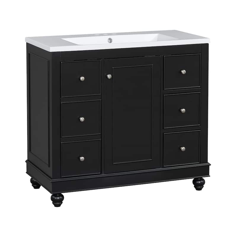 Roomfitters 36" Contemporary Bathroom Vanity with Resin Sink, 4 Drawers, 1 Door, Adjustable Shelf, Solid Wood Frame, Black