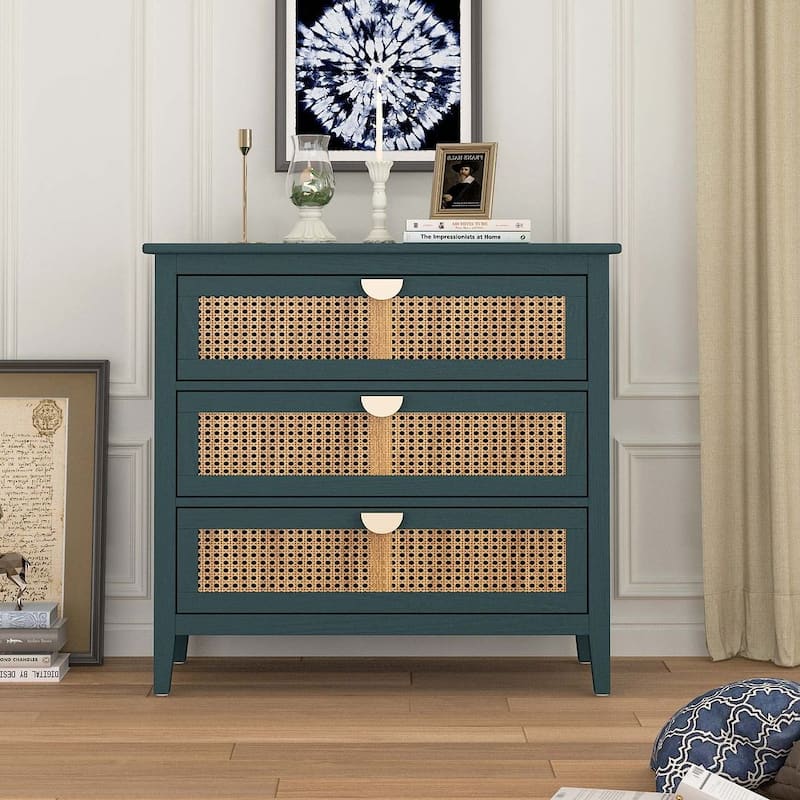 Modern Natural Rattan Nightstands With 2/3 Drawers - Green - 3-drawer
