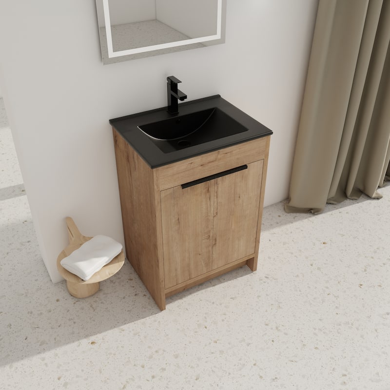 24" Freestanding Bathroom Vanity with Black Ceramic Sink & 2 Soft-Close Cabinet Doors ((KD-PACKING)