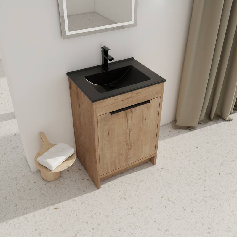 Freestanding Vanity with Black Ceramic Sink, Adjustable Shelf, Soft Closing Hinges, and Metal Handle - 24in L Plywood