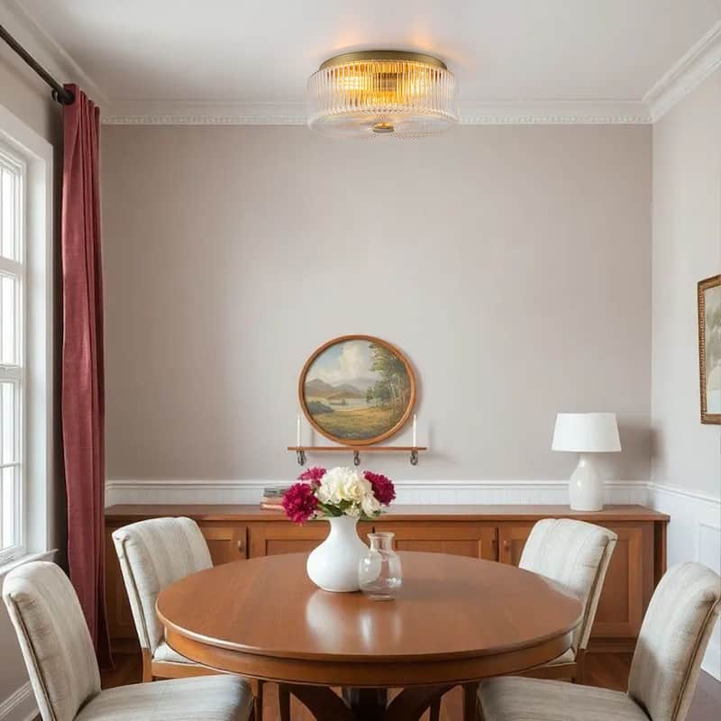 Mid-Century Modern Gold 3-Light Ribbed Glass Drum Flush Mount Ceiling Light