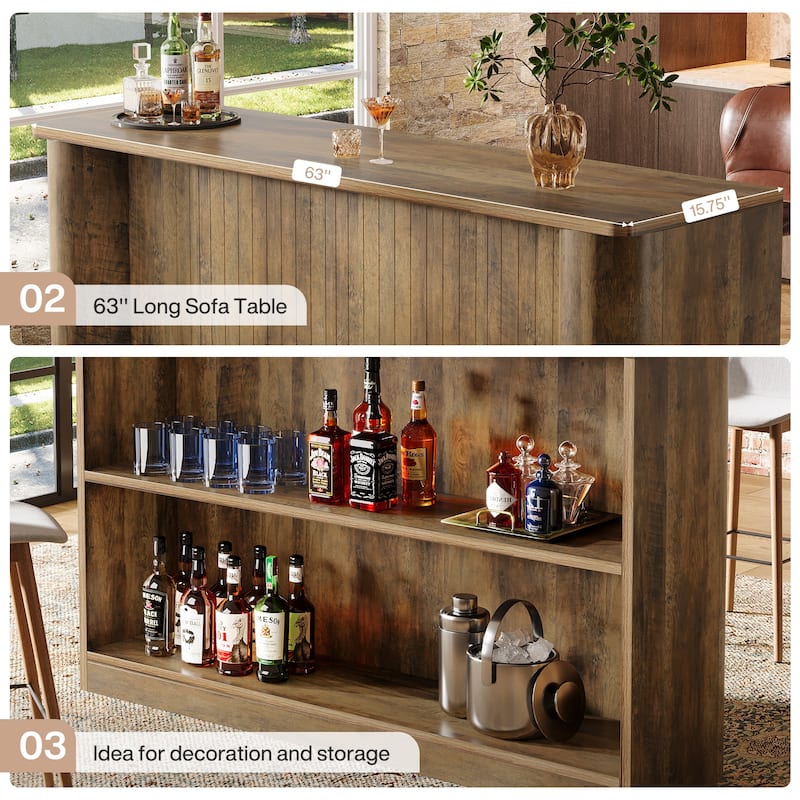 2-Tier Home Bar Unit Bar Cabinet Height Pub Table - 41.34" D x 63" W x 15.75" H