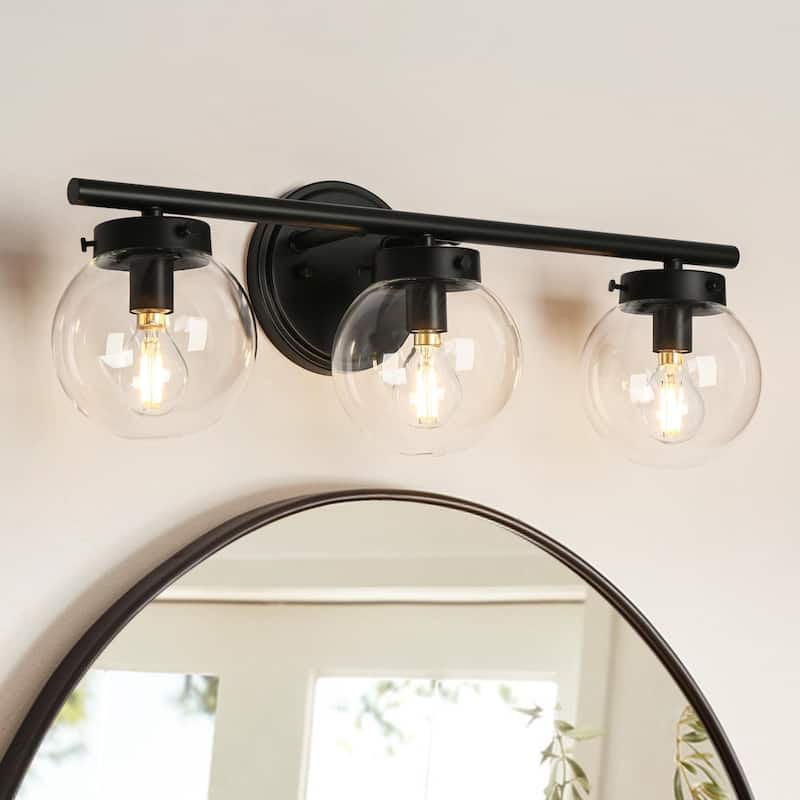 Rella Modern Farmhouse Black Gold Bathroom Vanity Light Orb Glass Dimmable Wall Sconces for Powder Room - 19.5"L - Matte Black