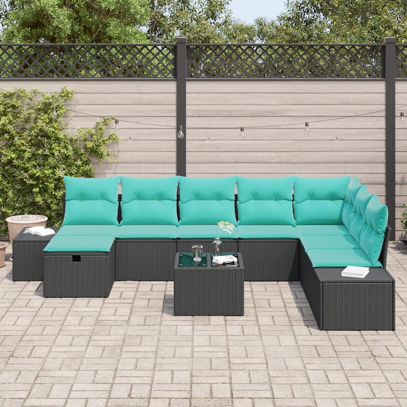 vidaXL 8/9 Piece Garden Sofa Set with Cushions Black Poly Rattan - 125.6×82.3×27.2