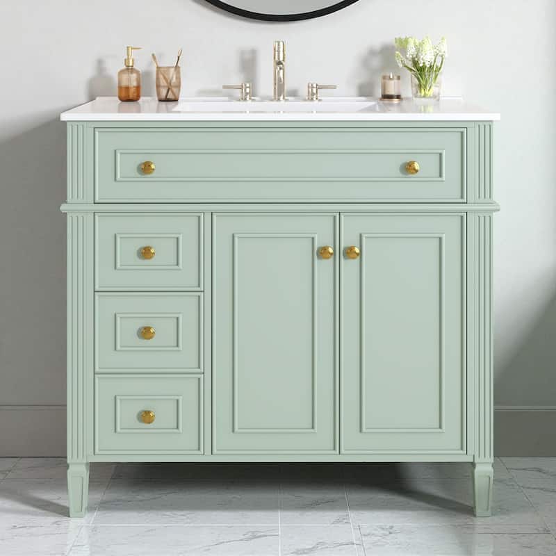 36" Freestanding Bathroom Vanity with Sink, Solid Wood Frame, 3 Drawers & 2 Soft-Close Doors, Gold Handles - Green
