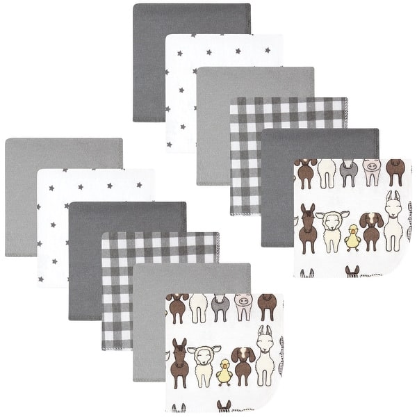 slide 1 of 1, Hudson Baby Flannel Cotton Washcloths, Farm Friends Grey 12-Pack, One Size - Farm Friends Grey 12-Pack - One Size One Size - Farm Friends Grey 12-Pack