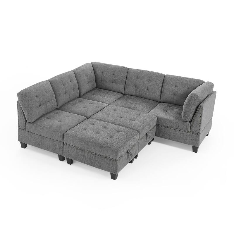L Shape Modular Sectional Sofa Chenille Sectional Sofa w/Ottoman, Grey