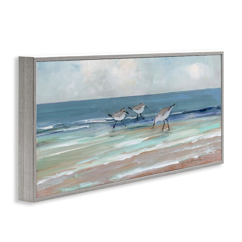 Stupell Panoramic Sandpipers Birds Shoreline Ocean Landscape Painting Framed Wall Art - Blue