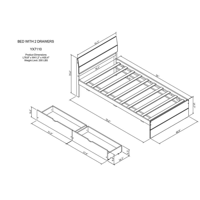 Nestfair Modern Twin Bed Frame With 2 Drawers For White High Gloss Headboard and Footboard