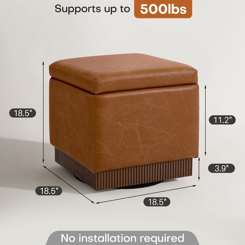 Swivel Storage Ottoman Bench Footstool with Flip-top and Acacia Frame