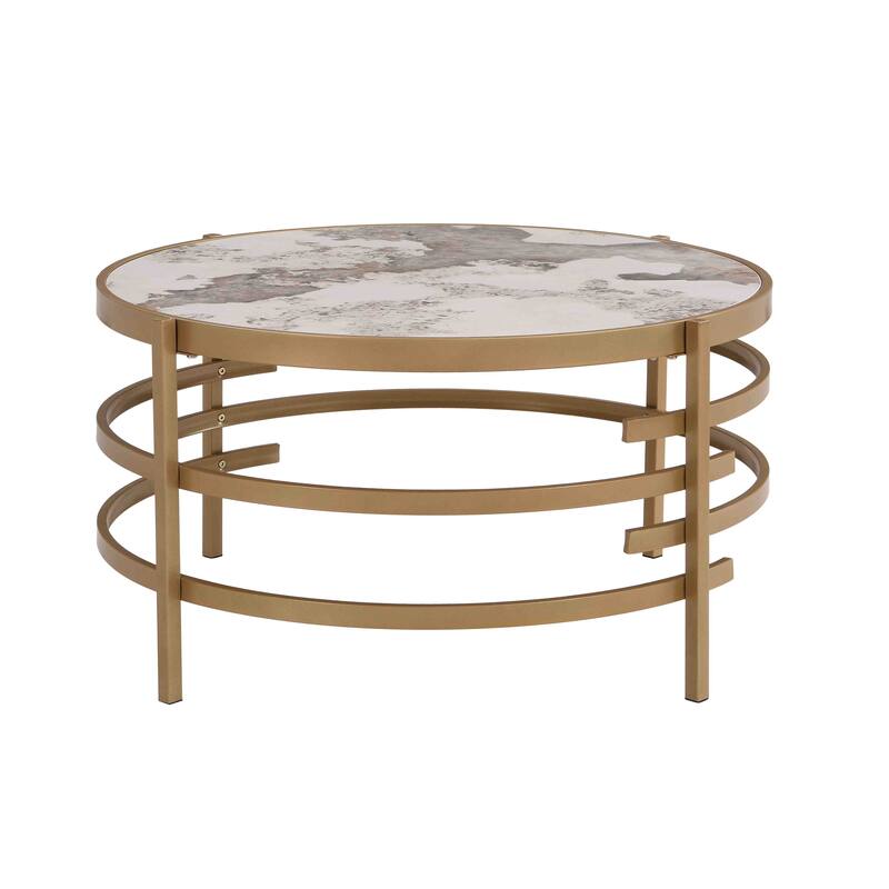 32.48" Round Coffee Table With Sintered Stone Top&Sturdy Metal Frame - Gold