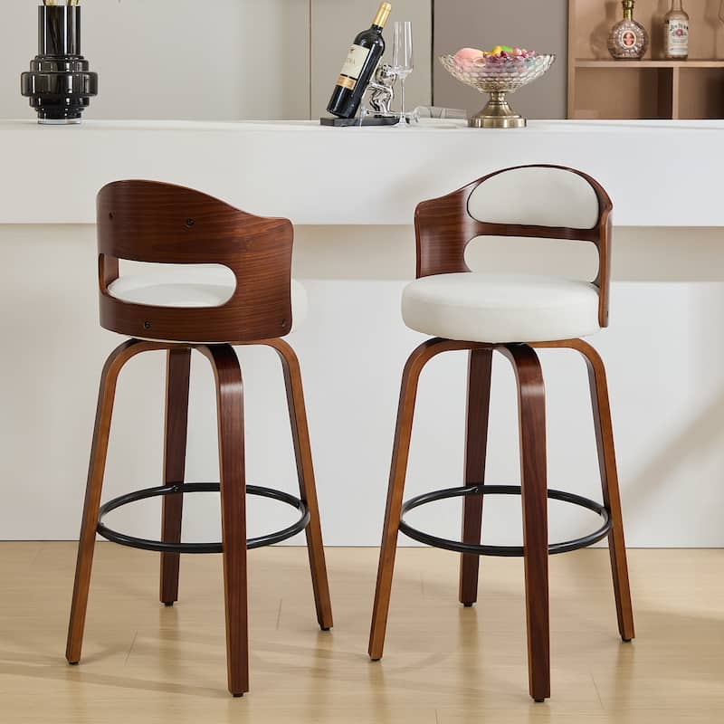 26" Swivel Faux Leather Upholstered Counter Height Bar Stools with Wooden Legs, Set of 2/4 - White - Counter Height - Set of 2