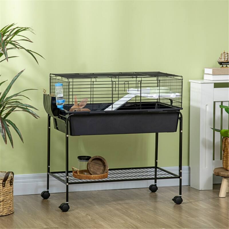Small Animal Cage with Wheels, Storage Shelf and Removable Stand - 33" L x 18.5" W x 35.25" H - Black