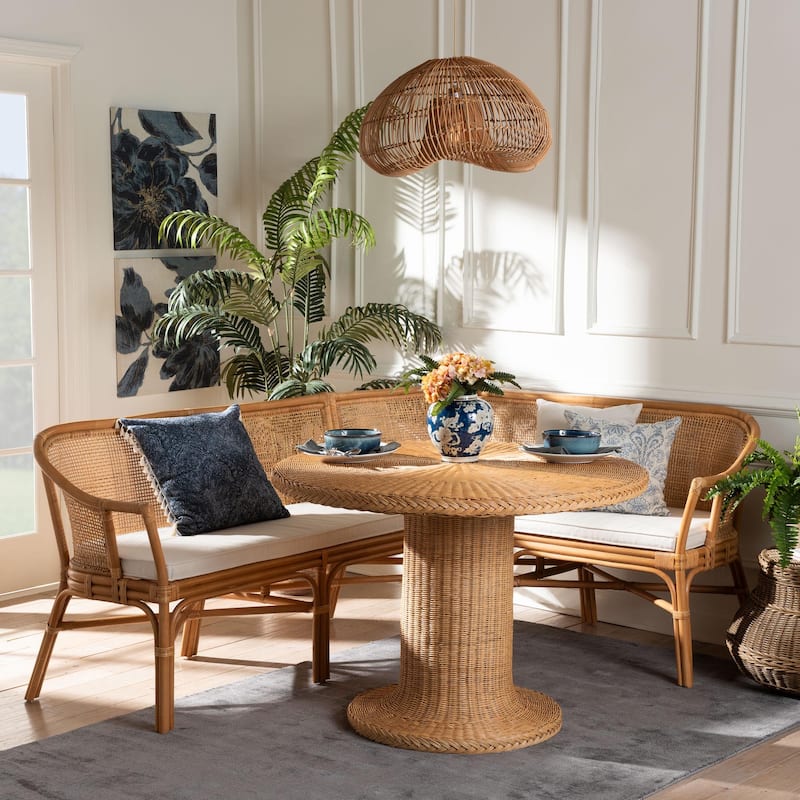 Aara 3-Piece Natural Rattan Dining Nook Set - L-Shaped Corner Bench with Pedestal Table, Handwoven Boho Coastal Banquette