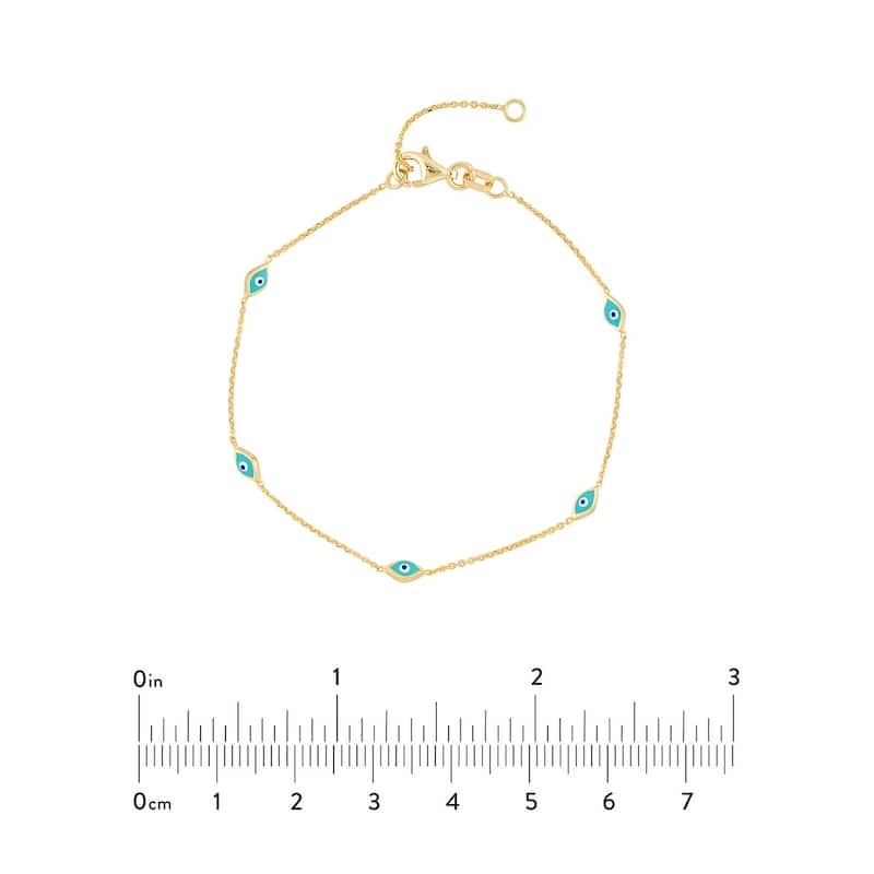 Curata 14k Yellow Gold 7.25" Blue Enamel Evil Eye Adjustable Bracelet