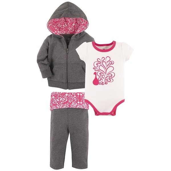 slide 1 of 1, Yoga Sprout Baby and Toddler Girl Cotton Hoodie, Bodysuit or Tee Top, and Pant, Peacock Baby 0-3 Months - Peacock Baby