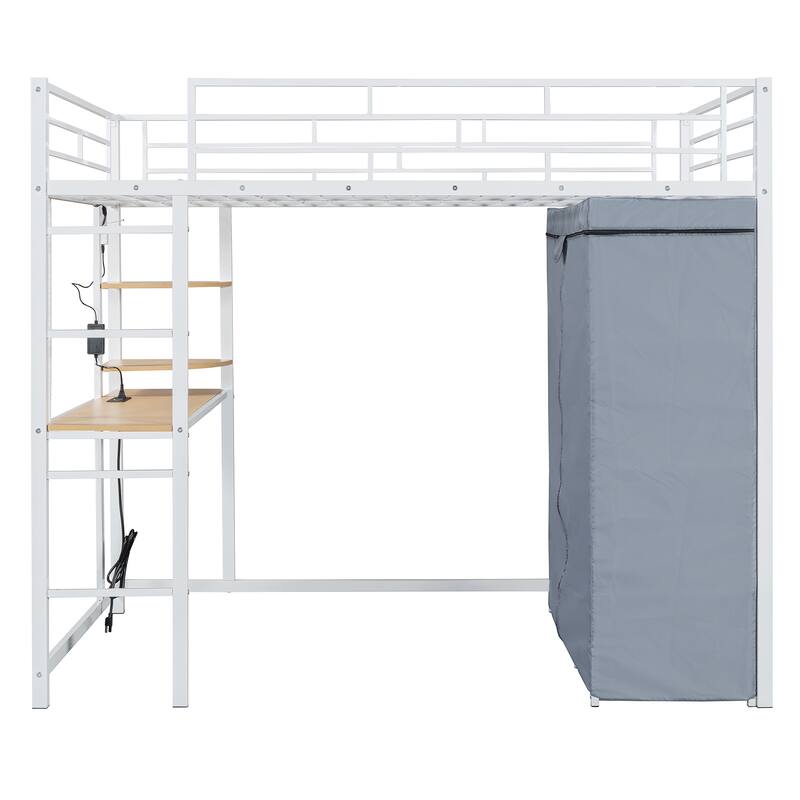 Full Size Metal Loft Bed with Built-in Desk, Wardrobe & Power Outlet - 350LB Capacity
