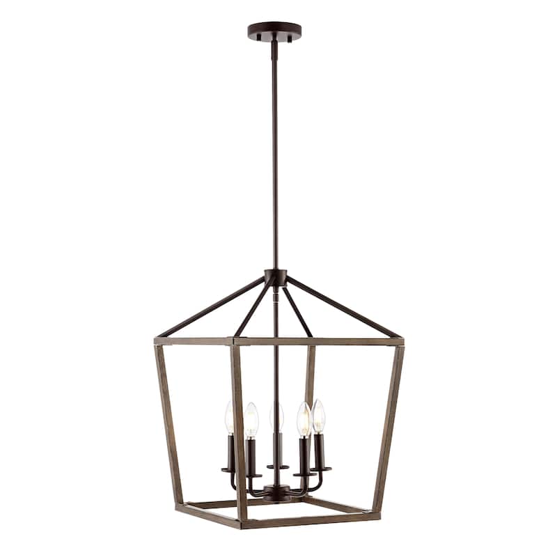 Oria Iron Farmhouse Industrial Lantern LED Pendant, Oil Rubbed Bronze/Faux Wood by JONATHAN Y