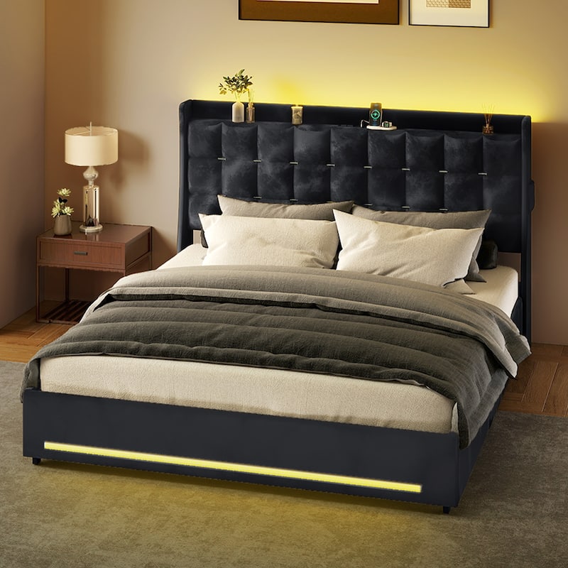 Moasis King Size Velvet Platform Bed with 4 Drawers RGB Lights and Charging Station No Box Spring Needed
