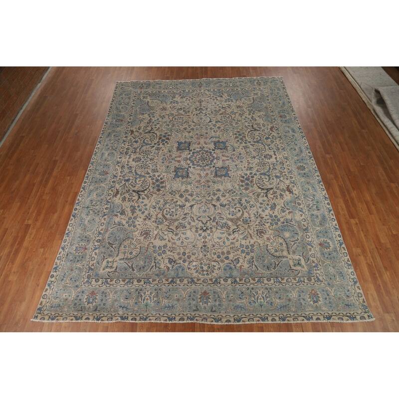 Floral Medallion Tabriz Persian Area Rug Beige Handmade Wool Carpet - 9'7"x 12'9"