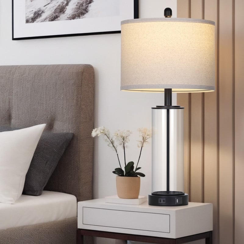 26'' Black Modern Cylinder Table Lamp with USB-C Fast Charging, Dimmable LED, 3-Way Touch(Set of 2) - 12.5'' x 12.5'' x 26''