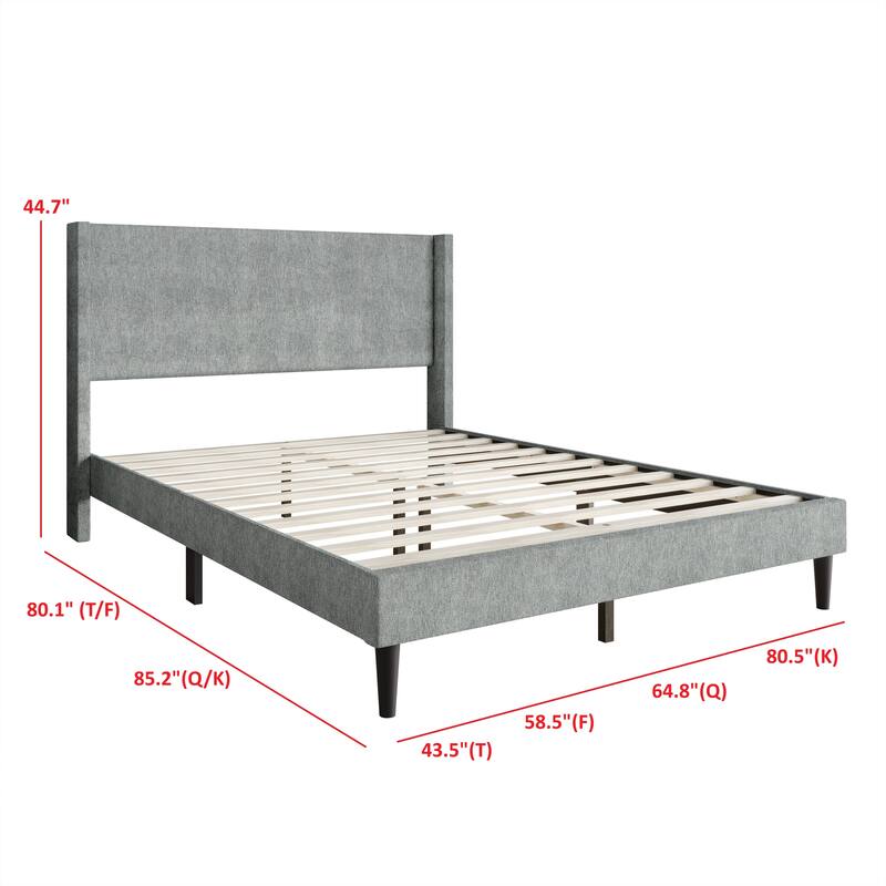 Clayfell Bangor Upholstered Wingback Platform Bed, Linen, No Box Spring Required